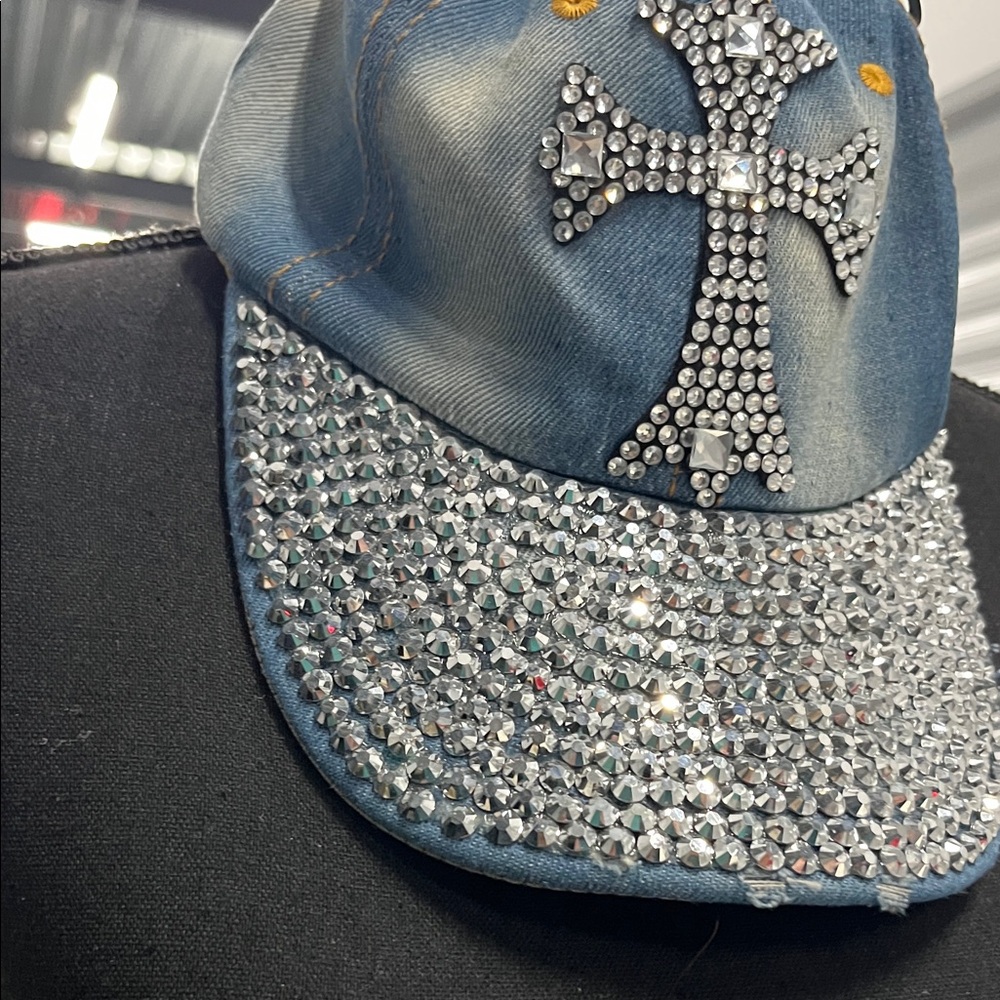 Rhinestone Cross Denim Cap Bling out adjustable - Picture 4 of 10